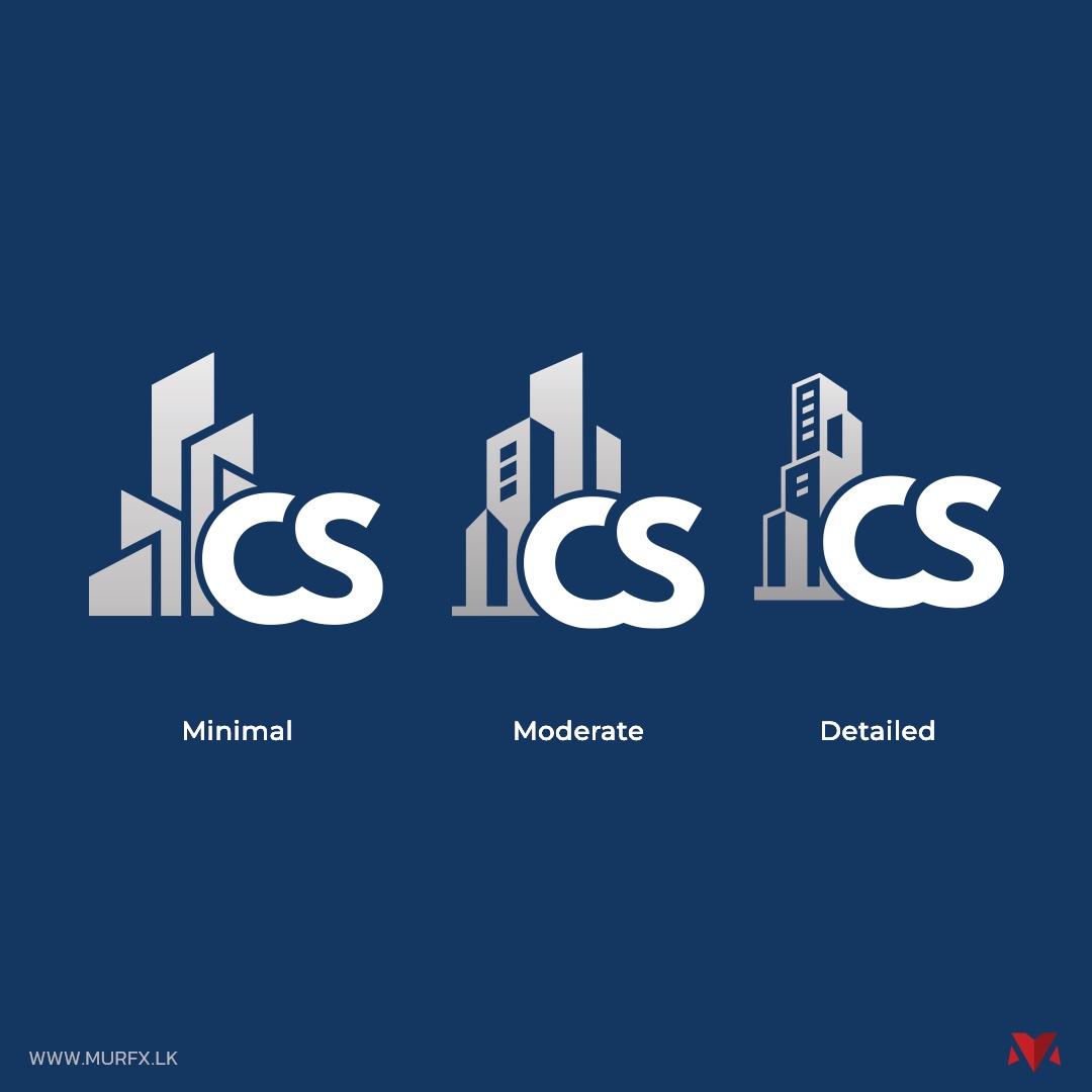 Three versions of the CS Constructions skyline icon: minimal, moderate and detailed