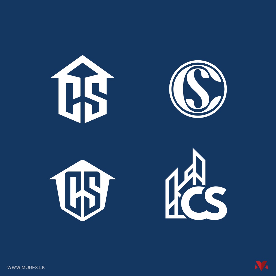 Four alternate CS Constructions logo concepts: shield monogram, circular seal, crest and skyline lockup