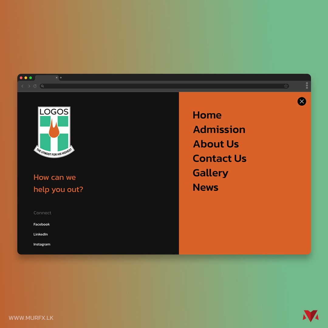 Logos College mobile navigation menu, split black and orange panels