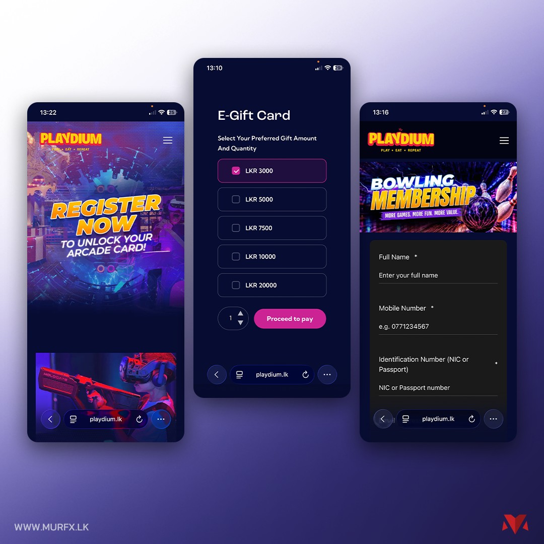 Playdium registration, e-gift card and membership screens across three phones