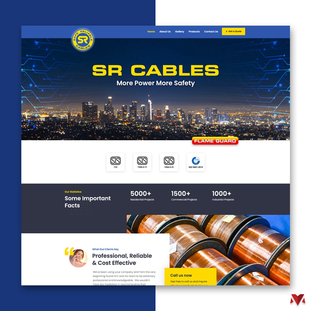 SR Cables homepage with certification badges and project stats