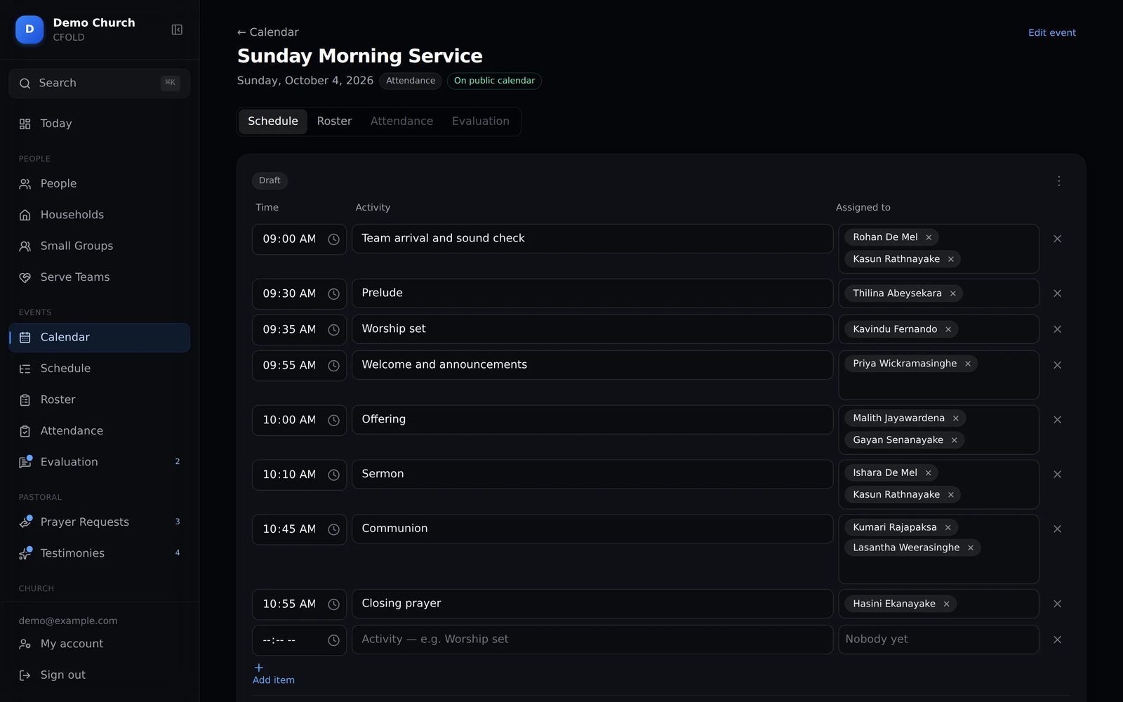 CFOLD order of service with times and who leads each part