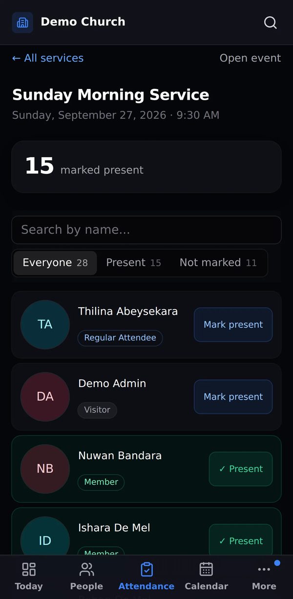 CFOLD attendance register on a phone, with Mark present buttons beside each name